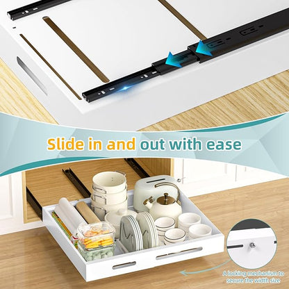 HBL' 2 Pack | 21" Deep Pull Out Cabinet Organizer Adhesive, (13.8" to 22.0") Width Expandable Sturdy Carbon Steel Roll-Out Drawers, Designed for Frameless Cabinets, Slide-Out Shelves for Pantry.
