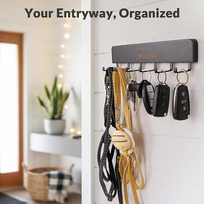 Wooden Key Holder with Metal Hooks,No Drill Adhesive & Screws, Wall Mount Entryway Organizer for Keys, Coats, Hats, Rustic Farmhouse Wall Decor for Hallway, Apartment (2, Black)