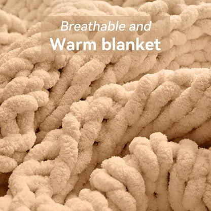 Negwoo Chunky Knit Throw Blanket, 60''*80'' Knitted Throw Chenille Yarn for Bed Couch, Handmade Beige Crochet Big Thick Blanket, Machine Washable Cute Comfy Blanket for Home Decor