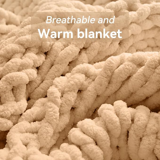 Negwoo Chunky Knit Throw Blanket, 30''*40'' Knitted Throw Chenille Yarn for Bed Couch, Handmade Beige Crochet Big Thick Blanket, Machine Washable Cute Comfy Blanket for Home Decor