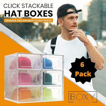 Boxy Concepts Plastic Hat Organizer - 6-Pack, 13" x 5.5" x 9" - Easy Assembly Hat Organizer for Wall - Stackable Transparent Baseball Cap Storage - Space-Saving Cap Holder for Closet