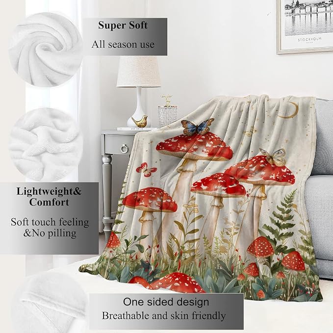 Red Mushroom Blanket Enchanting Forest Throw Blankets with Butterfly,Birthday Gifts for Girls Women & Nature Lovers,Lightweight Soft Fleece,for Sofa Couch Bed Room Fairy Tale Decor 60x80in