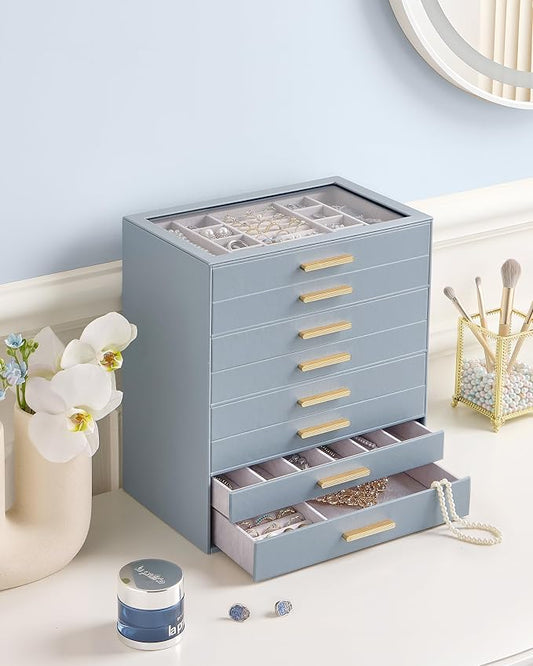 Lolalet Jewelry Box Organizer, 8-Layer Jewelry Organizers and Storage Case with Glass Lid, Ring Earring Bracelet Necklace Holder Organizer, Birthday Valentine Gifts for Women Girls -8Layer, HazeBlue