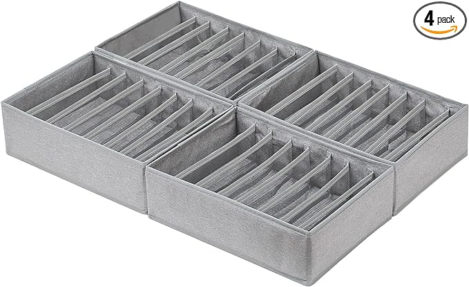 Qozary 4 Pack Drawer Organizers for Clothing, 8 Grids Foldable Closet Organizers and Storage Bins for Bedroom, Dresser Organizer Boxes for Thin T-shirts, Tank Tops, Camisoles, Tights, Leggings