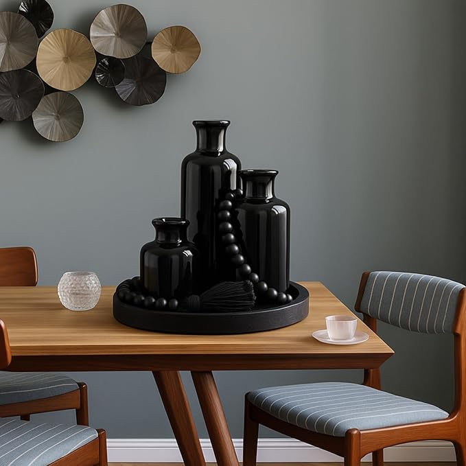 5 Pcs Rustic Tabletop Centerpieces Decor Set of 3 Boho Ceramic Vases with Wooden Serving Tray Wood Bead Garland Tassels Table Holder for Home Decorations (Black)