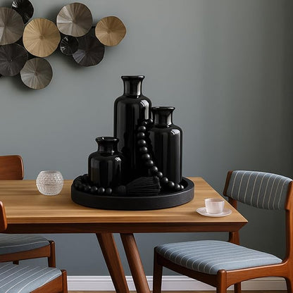5 Pcs Rustic Tabletop Centerpieces Decor Set of 3 Boho Ceramic Vases with Wooden Serving Tray Wood Bead Garland Tassels Table Holder for Home Decorations (Black)