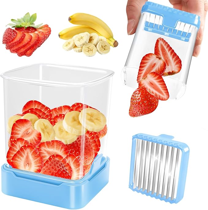 Fruit Slicer Cup for Strawberry, Banana, Hard-Boiled Egg - Detachable Cutter with Push Plate - Rapid & Safe Slicing Kitchen Gadget for Quick Meal Prep (Blue)