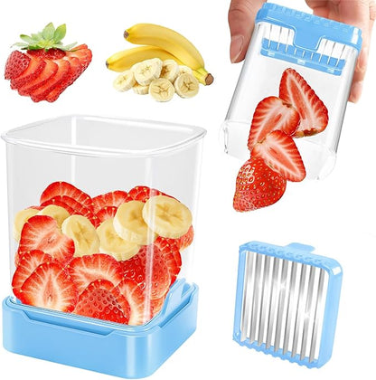 Fruit Slicer Cup for Strawberry, Banana, Hard-Boiled Egg - Detachable Cutter with Push Plate - Rapid & Safe Slicing Kitchen Gadget for Quick Meal Prep (Blue)