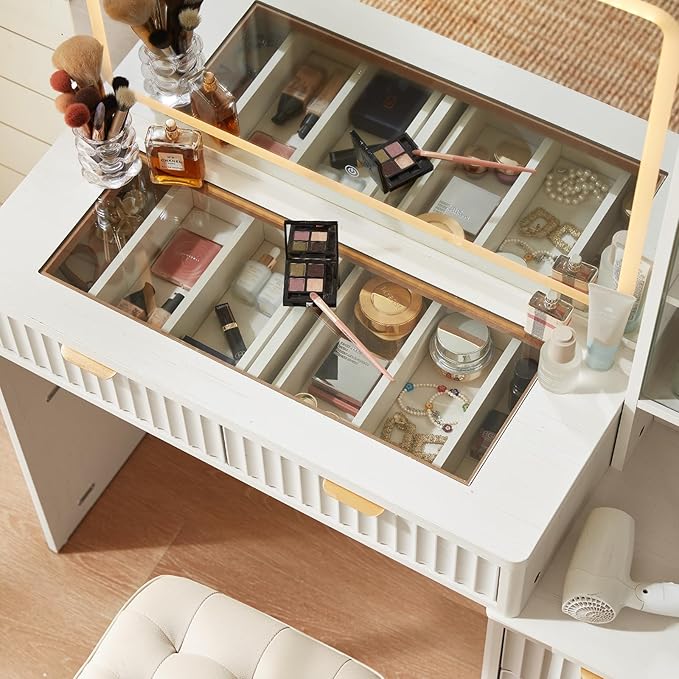 LEYAOYAO Vanity Desk with Mirror and Lights, 43.5'' Fluted Makeup Vanity with 6 Drawers and Adjustable Shelves, Wood TC Make Up Vanity Dressing Table with Glass Top and Power Outlet for Bedroom