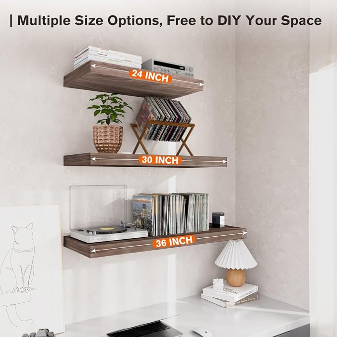 JPND Floating Shelf, Set of 2 Wall Shelf, 30 in W x 12.75 in D x 2 in H Wooden Floating Wall Shelf with Invisible Brackets for Living Room/Bedroom/Bathroom/Kitchen Storage and Decor, Walnut