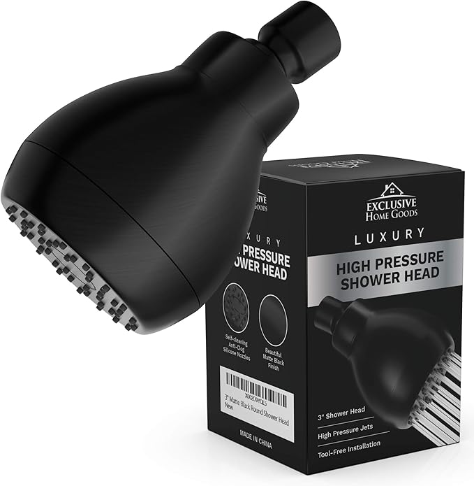 High Pressure Shower Head - Powerful Deluxe Bathroom Showerhead with Strong Spray Stream and Small Silicone Nozzles - Universal Fit Works with High and Low Water Flow Showers (Matte Black)-1.8 GPM