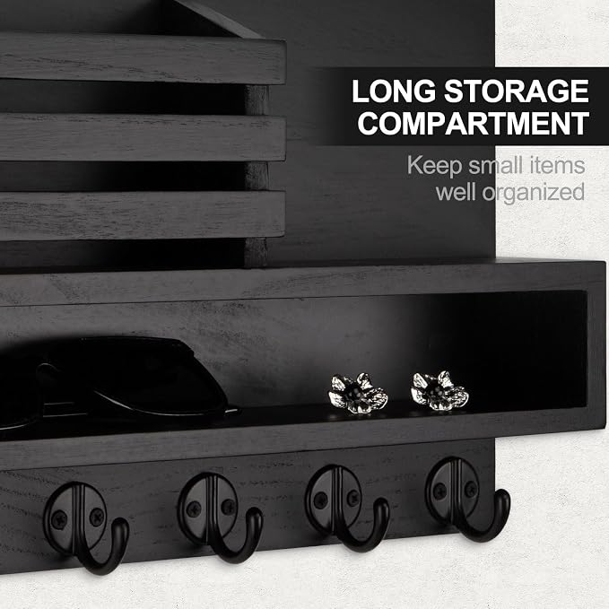 Key and Mail Holder Wall Mount, Key Hanger with Long Storage Box and Key Hooks for Coat, Dog Leash, Home Decor Rack, House Accessories, Entry Way Organizer
