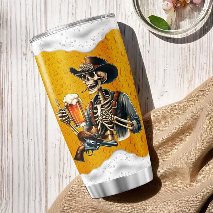 Funny Skeleton Cowboy Beer Mug, Might Be Water Might Be Beer 20oz Insulated Stainless Steel Tumbler, Unique Gag Gift for Men, Birthday for Dad, Husband, Brother, Friend