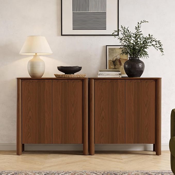 HMFULE 31.5" Sideboard Buffet Storage Cabinet, Solid Wood Retro Buffet Cabinet with Storage Adjustable Shelf & 2 Doors, Accent Cabinet for Hallway, Living Room, Dining Room, Kitchen (Walnut)