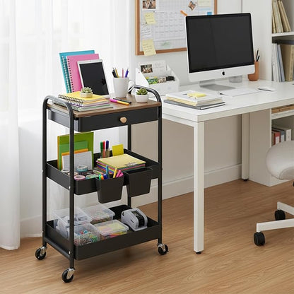 danpinera Rolling Cart with Drawers, Black Storage Cartwith Locked Wheels, Hooks & Hanging Cups for Any Room