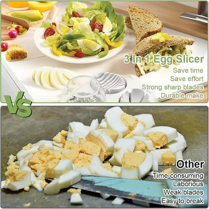 3 in 1 Egg Slicer for Hard Boiled Eggs with Cleaning Brush, Multipurpose 3-Way Cutter with 3 Slice Modes, Heavy Duty, Hard Boiled Egg Cutter & Fruit Slicer, Dishwasher Safe (White)