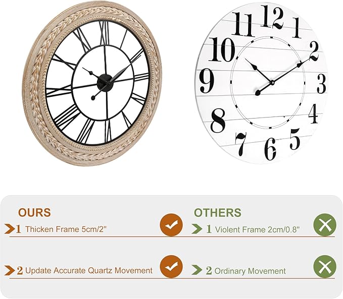 RiteSune Wall Clock 30 Inch Decor, Farmhouse Wall Clocks Battery Operated Silent, Bamboo Large Clocks for Wall, Oversized Wall Clock for Living Room Bedroom, Office