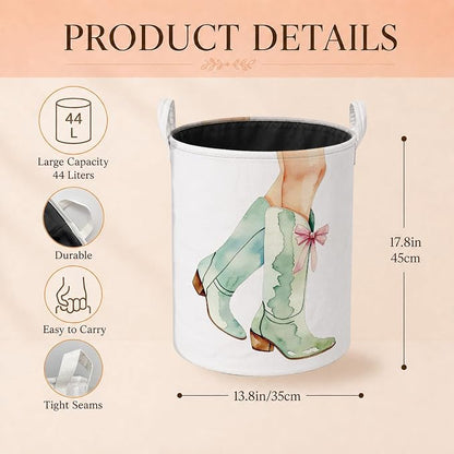 Pink Bow Cowgirl Western Laundry Basket, Sage Green Boots Southwestern Laundry Hamper Waterproof Collapsible Clothes Toys Storage Bin Organizer for Girls Bedroom Bathroom Home