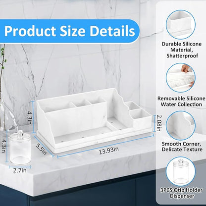 Bathroom Counter Organizer, Large White Silicone Toothbrush Holders for Bathrooms with 3PCS Qtip Holder, Bathroom Organizer Countertop Toothbrush and Toothpaste Holder for Makeup Organizer for Vanity
