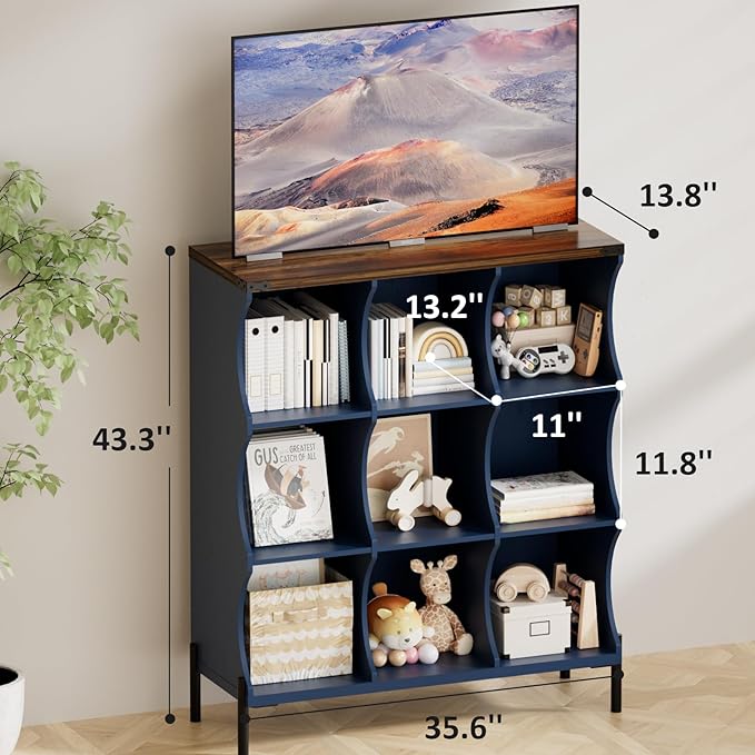 9 Cube Book Shelf, Low and Short Bookshelf, Long Cube Storage Organizer Wood TV Stand, Toy Organization DVD Cabinets for Living Room, Office, Bedroom, Dorm, Blue with Natural Top
