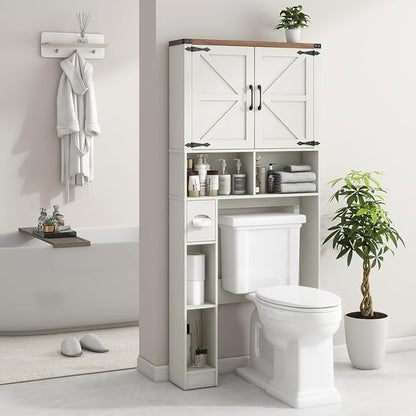 Vabches Over The Toilet Storage Cabinet, Farmhouse Storage Cabinet Over Toilet with 2 Barn Doors && Toilet Paper Holder Stand，Home Space-Saving Toilet Rack, for Laundry, Restroom, Bathroom