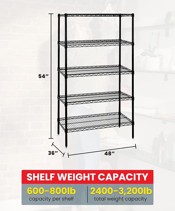 Quantum Storage Systems WR54-3648BK-5 Wire Shelving Starter Kit, 48" W x 36" D x 54" H, 600 lbs Capacity, Carbon Steel, Epoxy Coated, Black, NSF