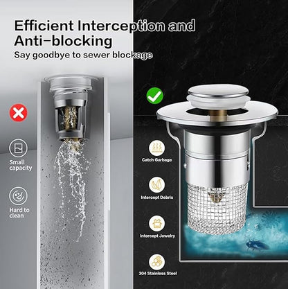 Bathroom Sink Drain Strainer, Pop Up Sink Drain Strainer with Removable Stainless Steel Filter Basket Hair Catcher, Universal Drain Plug for Bathroom Sink Stopper Replacement (2 pcs)