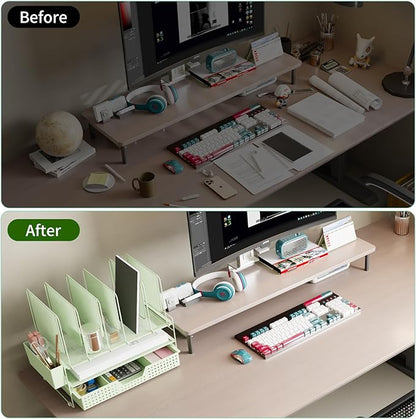 Green Desk Organizer, Office Organization with Vertical File Holder, File Organizer with Drawer and Pen Holder, Desk Accessories and Workspace Organizers for Home Office (Green)