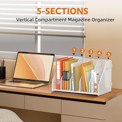 SUPEASY Binder Organizer, Magazine File Holder with 5 Vertical Compartments Rack, Metal Desk File Organizer & Binder Holders, Magazine Organizers for Office Desktop, Home, School,Classroom (White)