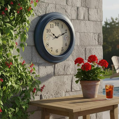 18 Inch Large Outdoor Clock with Thermometer & Hygrometer – Blue Vintage Farmhouse Decor Wall Clock Waterproof for Patio, Garden, Pool, Porch