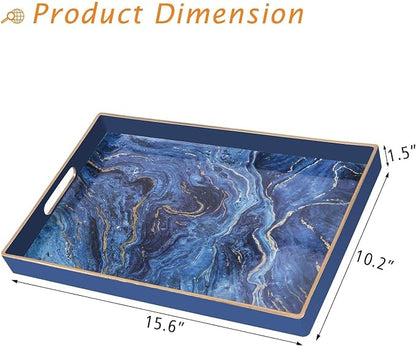 Plastic Serving and Decorative Tray with Handles for Ottoman, Coffee Table, Bathroom Vanity, Blue Marble Rectangular Tray for Countertop and Kitchen, 15.6 x 10.2 Inches