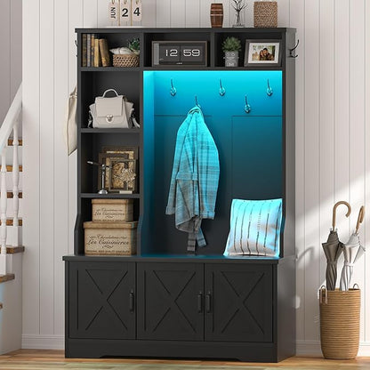 Hall Tree with Bench and Shoe Storage, Farmhouse Entryway Bench with Coat Racks and Led Lights, Black Tall Hall Tree with 7 Coat Hooks, 6 Storage Cubbies, Adjustable Shelf