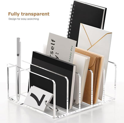 SANRUI Acrylic Mail Sorter Desktop Organizer with Pen Holder, 5 Compartments Clear Small File Script Letter Document Storage for Desk Bill Filling Envelope Holder Office, Home, School Organization