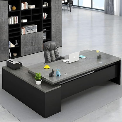 LITFAD Modern L-Shape Office Desk with Wood Base Executive Desks Boss Table Computer Desk Home Office Furniture with Drawers and Storage Shelves - 55.1" L x 23.6" W x 29.5" H Gray (Without Chairs)