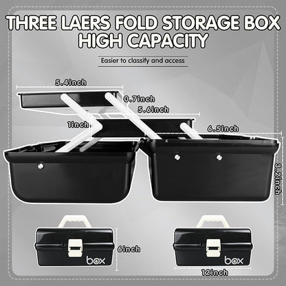 TERGOO 12in Three-Layer Multipurpose Storage Box Organizer Folding Tool Box/Art & Crafts Case/Sewing Supplies Organizer/Medicine Box/Family First Aid Box with 2 Trays (Black)…