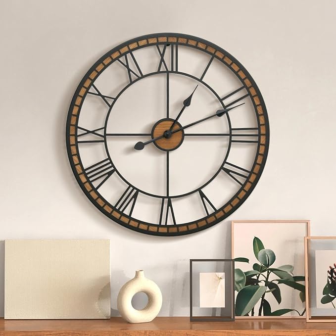 Micasso Non-Ticking Large Wall Clock : 20inch Modern Metal Black with Solid Wood Frame Silent Clock for Living Room/Bedroom/Kitchen - Home Decor for Fashion-Conscious (Style 1, 20-Inch)