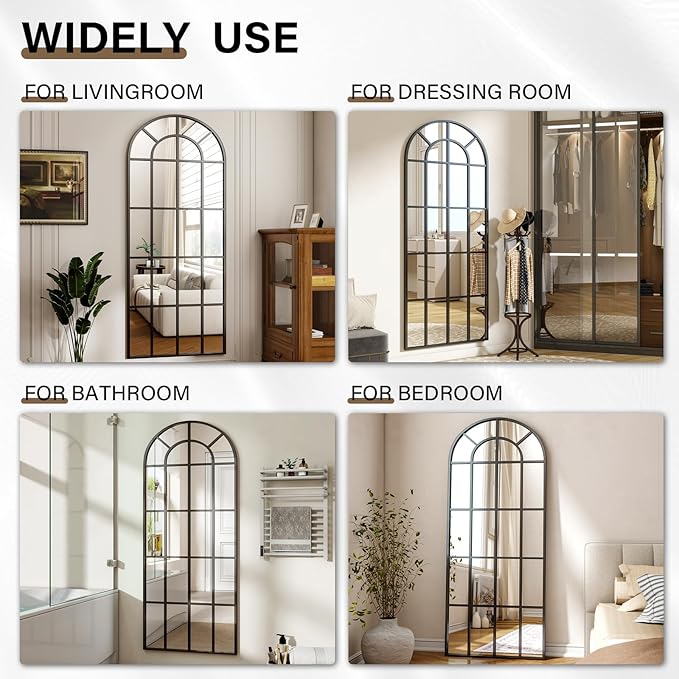 25"×69" Windowpane Arched Full Length Mirror, Grid-Designed Decorative Farmehouse Full Body Floor Mirror with Metal Frame Hanging Leaning for Entryway, Living Room, Home Decor, Black