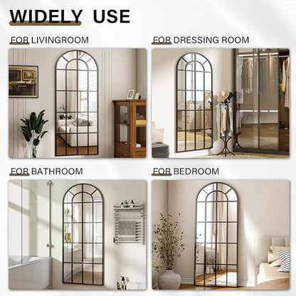 24"×65" Windowpane Arched Full Length Mirror, Grid-Designed Decorative Farmehouse Full Body Floor Mirror with Metal Frame Hanging Leaning for Entryway, Living Room, Home Decor, Black