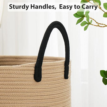 Fiona's magic 72L Large Woven Laundry Hamper, Tall Cotton Rope Storage Basket, Jute Baby Nursery Hamper for Blankets, Toys and Clothes in Bedroom and Living Room Organizing, Brown & Black