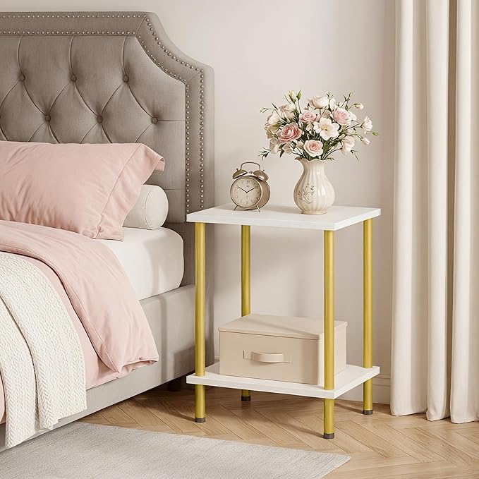 HOOBRO End Tables Set of 2, Small Side Table, Nightstand with 2-Layer Storage Shelves, Sofa Table for Small Spaces, Living Room, Bedroom, Stable Frame, Easy Assembly, White and Gold DW09BZP201