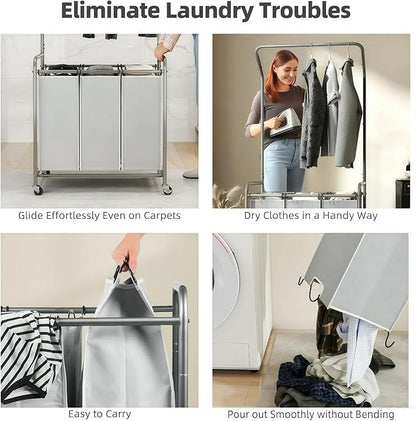ROMOON Laundry Sorter Hamper with Hanging Bar, 3 Section Rolling Laundry Cart with Clothes Rack & Heavy-Duty Lockable Wheels, Divided Laundry Basket Organizer for Apartment & Small Spaces ((130L Grey)