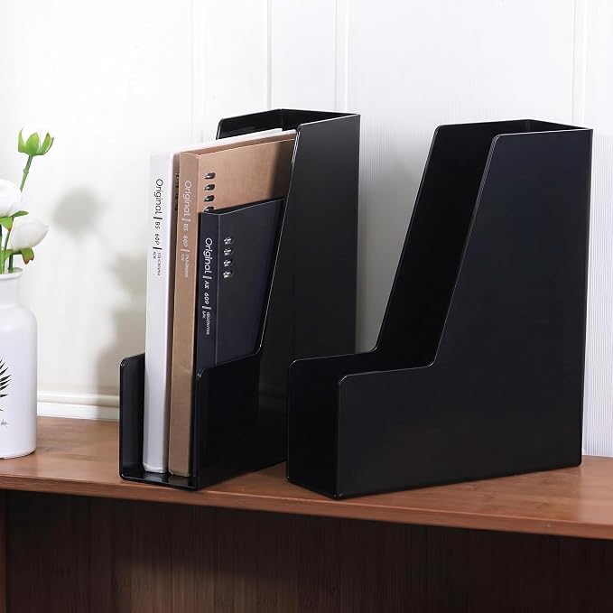 LALOBLUE 4 Pack Black Vertical Magazine File Holder Desk Organizer Bins | Plastic, Holds Magazines, Binders, Notebooks, Envelopes, 4 Pack Black Vertical Magazine File Holder Desk Organizer Bins