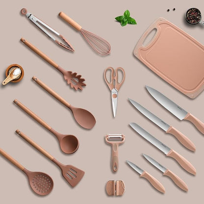 RAXCO Utensil Sets,18-Piece Silicone Cooking Utensils and Knife Set,Mousse | Dishwasher-Safe Kitchen Utensils,Large Capacity Countertop Organizer for Knives,Utensils,Cutting Board