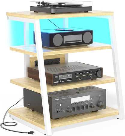 Besiost AV Media Stand with Outlets, Media Console with LED Lights, Stereo Racks and Stands with Storage Shelves, Media Audio Tower Cabinet, Natural Oak and White