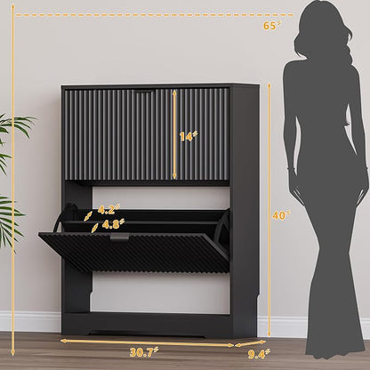 Shoe Cabinet with 2 Flip Drawers, Fluted Shoe Storage Cabinet with Adjustable Shelves, Freestanding Rack and Organizer for Entryway, Closet, Hallway