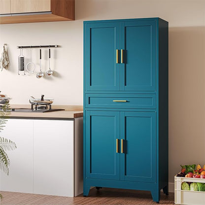COFaR 71" Pantry Cabinet with Drawer, Peacock Blue Storage Cabinet with Adjustable Shelves, 3-Section Modern Statement Cupboard for Kitchen & Bathroom
