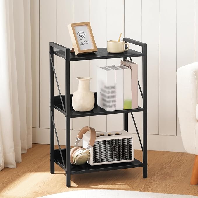 HOOBRO Bookshelf, 3-Tier Industrial Bookcase, Book Shelf Storage Organizer, Small Bookshelf with Metal Frame for Living Room, Bedroom, Home Office, Kitchen, Black BB71SJ01