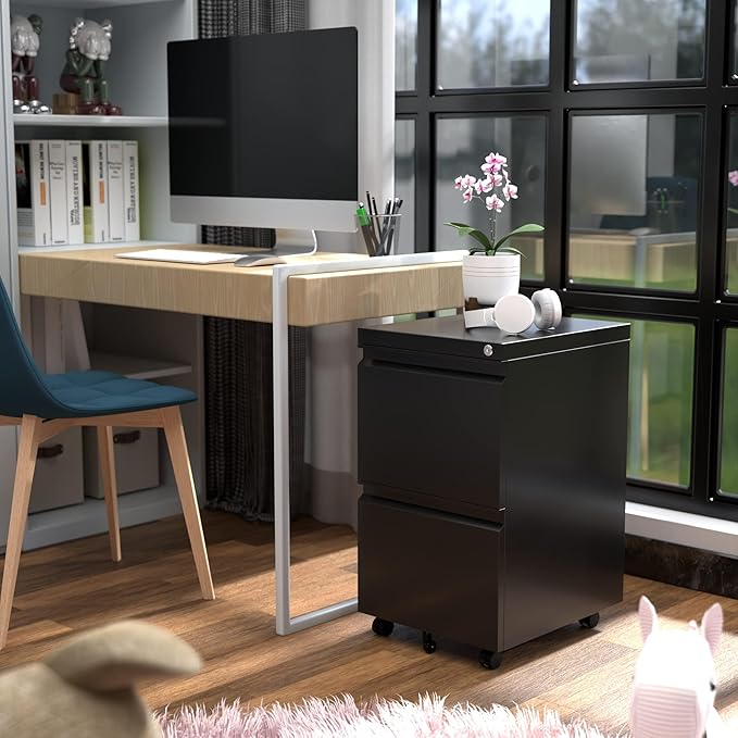 Aobabo 2 Drawer File Cabinet, Metal Filing Cabinet with Lock for Office Legal/Letter Size, Black, Fully Assembled Except Wheels