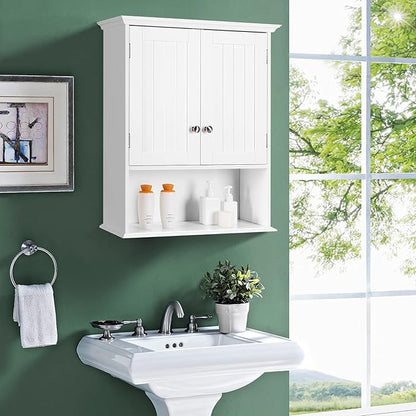 Tangkula Bathroom Wall Cabinet, Wooden Hanging Storage with Doors & Shelves, Multipurpose Wall Mounted Bathroom Medicine Cabinet for Kitchen Living Room