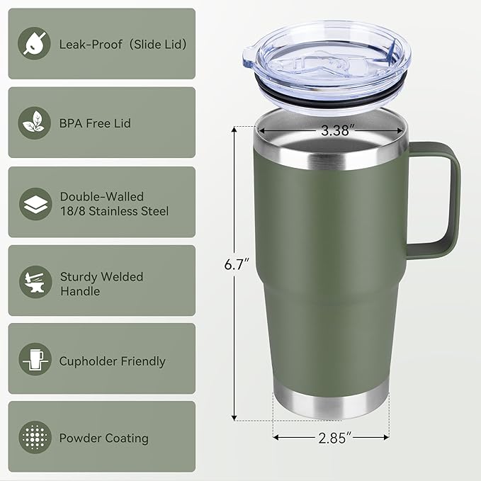 20oz Tumbler Bulk with Lid, Stainless Steel Tumbler Bulk with Handle, Metal Insulated Travel Coffee Mug Set with Handle, Double Wall Vacuum Leak Proof Tumbler Cup, Amy Green 6 Pack